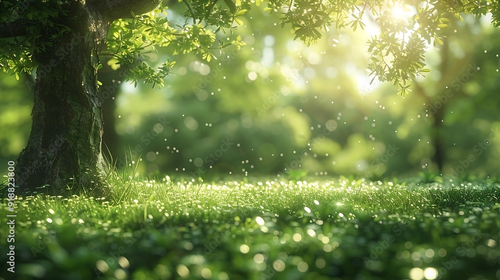 Aufkleber blurred photogreen tree background view of the wild grass lawn light sky : generative ai
