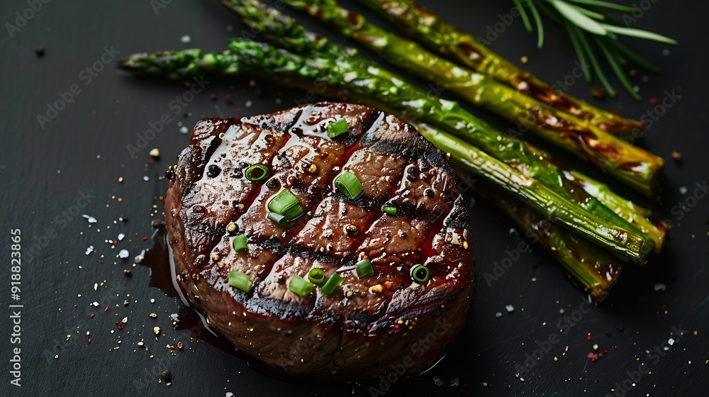 Poster Grilled Fillet Mignon Steak with roasted asparagus Black background Top view : Generative AI