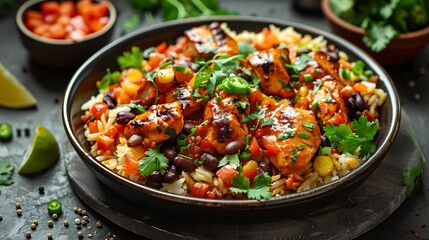 Fototapeta premium Mexican sauteed chicken with rice and beans : Generative AI