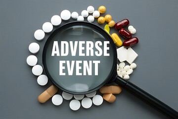 Medical Concept Showing Text Adverse Event Under Magnifying Glass with Tablets and Vitamins on Gray Background Ideal for Healthcare and Pharmaceutical Illustrations.