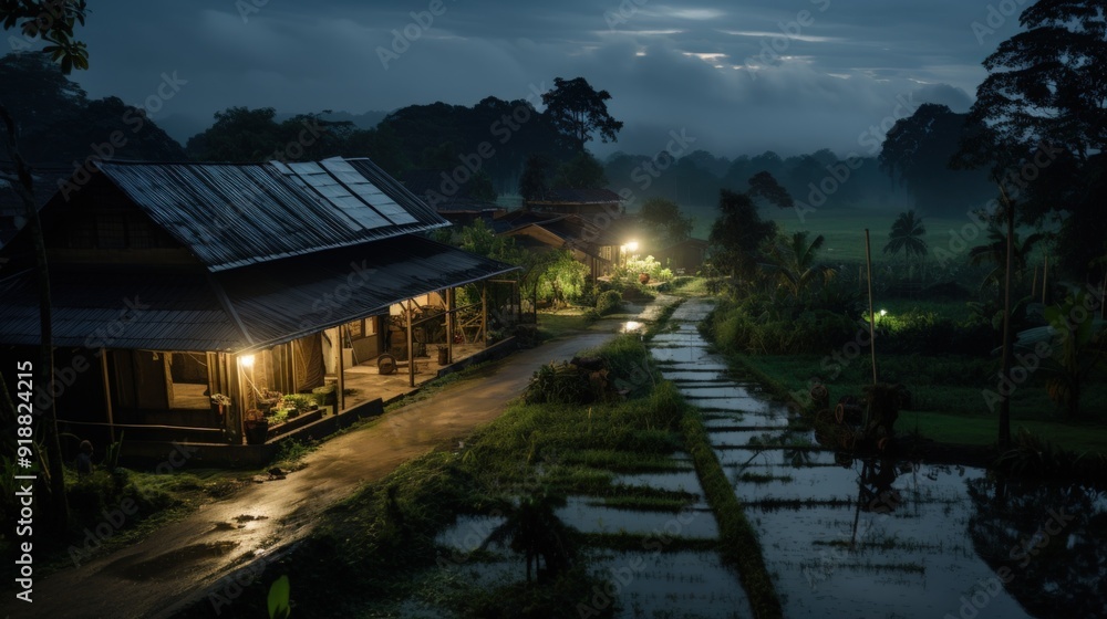 Poster a lone house stands illuminated in a dark and mysterious forest, with a pathway leading to it, and t