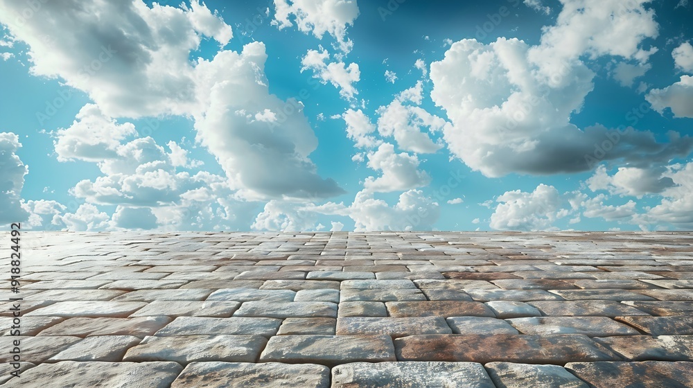 Poster empty brick floor and sky clouds background : generative ai