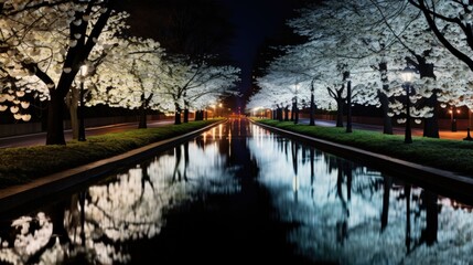 Fototapeta premium A long, narrow pond reflects the glow of streetlights and cherry blossoms at night.