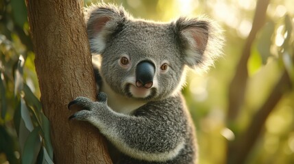Obraz premium Adorable Koala Clinging to Tree Branch in Close-up, Symbolizing Save the Koala Day Conservation Efforts