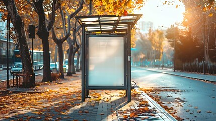 bus shelter at busstop blank white lightbox empty billboard bus shelter ad glass and aluminum structure transit station urban setting city street background stone sidewalk base for moc : Generative AI