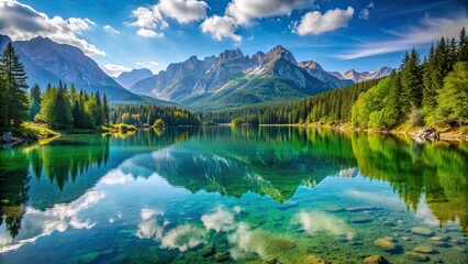 Fototapeta premium Serene lake nestled in the mountain range , nature, landscape, water, mountains, tranquil, reflection, scenic, beauty, wilderness