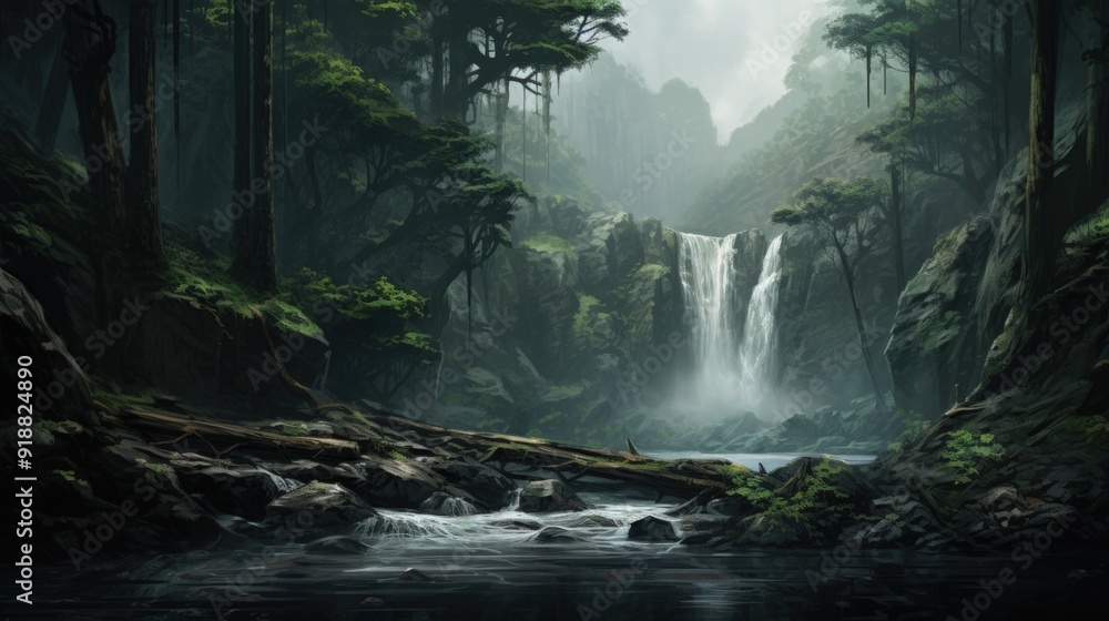 Poster a misty forest with a waterfall cascading down a cliff face, flowing into a stream.