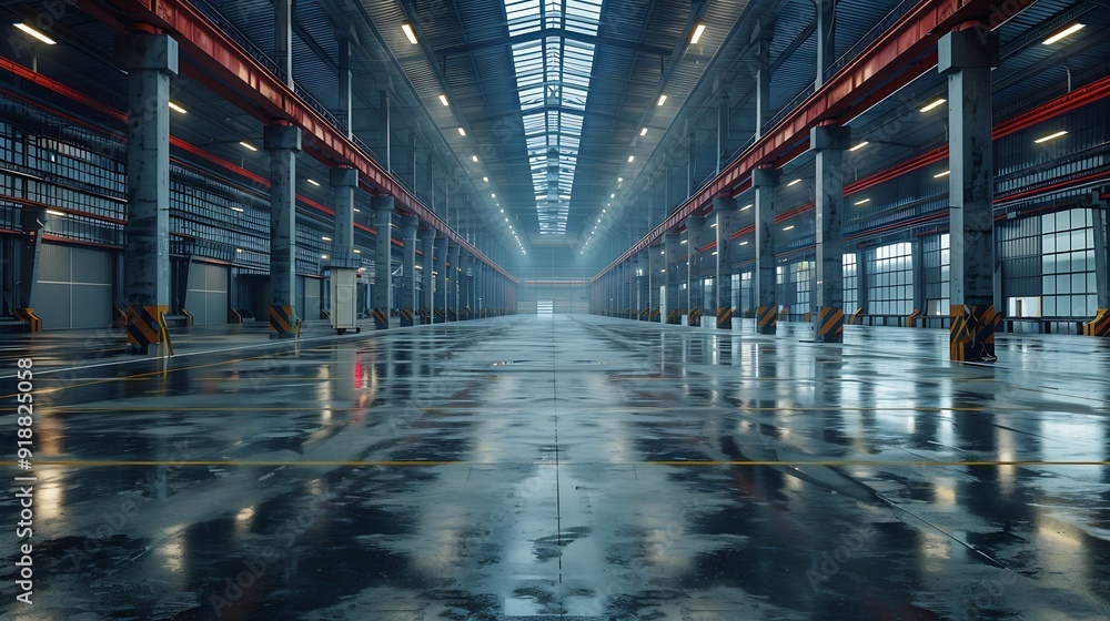 Poster clean and empty industrial hall in detail for supporting poles : generative ai