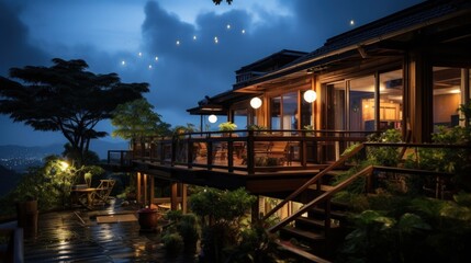 A modern wooden home with a balcony overlooking a city at night.