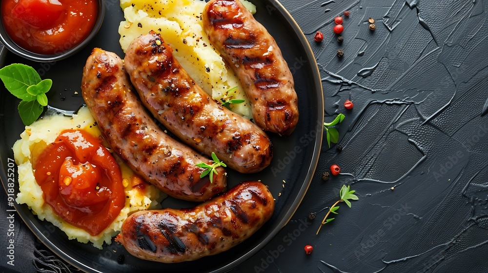 Poster devilled sausages with mashed potato spiced tomato and apple sauce : generative ai