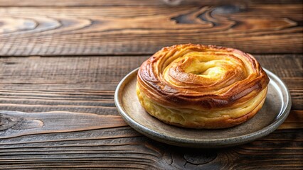 Fototapeta premium Kouign amann pastry on plate with wooden background, French pastry, Kouign amann, baked goods, dessert, sweet, flaky