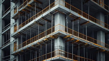 Fototapeta premium Multistory concrete building is under construction featuring scaffolding and safety nets : Generative AI