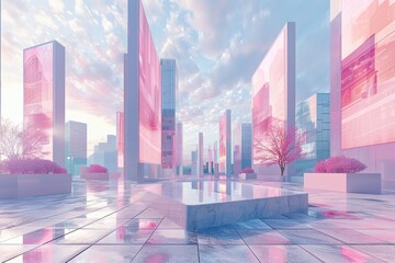 Pastel Podium in a Futuristic Plaza - obrazy, fototapety, plakaty