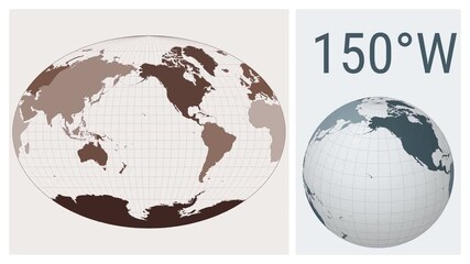 World Map Animation. Fahey pseudocylindrical projection. Colored continents style. Animated world map in Fahey projection. Loopable animation showing longitude shift and matching globe.