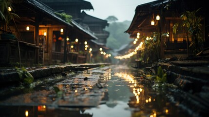 Obraz premium A picturesque view of a narrow canal illuminated by string lights in a village at dusk. The reflection of the lights in the water creates a magical atmosphere.