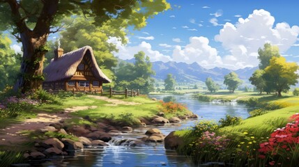 A quaint cottage nestled in a verdant valley, beside a winding river and mountains in the distance, with a lush green meadow and colorful flowers.