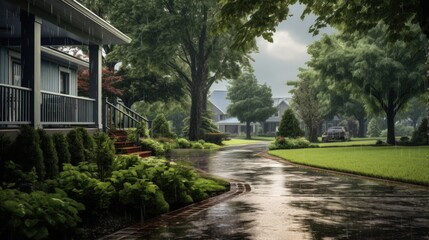 A rain-soaked driveway leads to a house in the suburbs, with trees and lush greenery on either side.