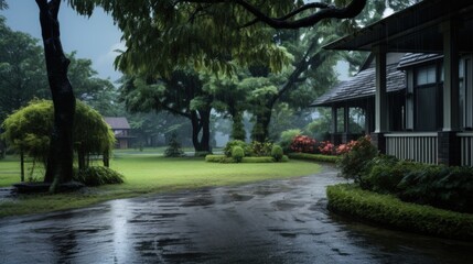 Obraz premium A rainy day in a lush garden with a path leading to a house.
