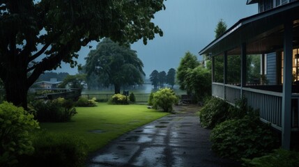 Obraz premium A rainy day in the countryside with a house with a porch, a lawn with greenery and a pathway leading to it.