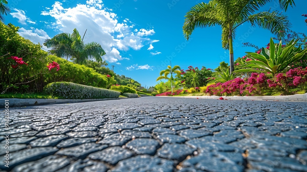 Poster empty street at the nice and comfortable garden background with nice blue sky : generative ai