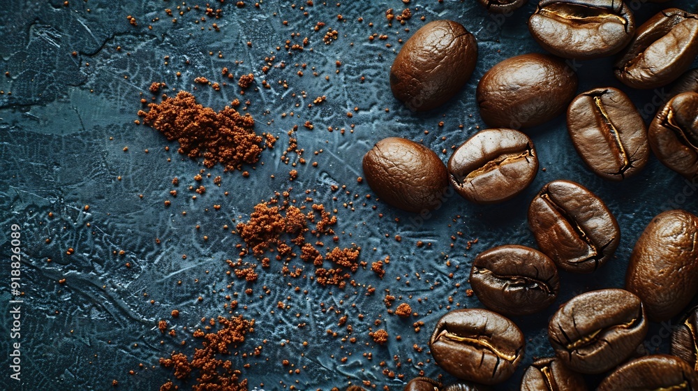 Poster roasted coffee beans and ground coffee on gray background copy space directly above : generative ai