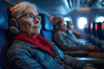 Obraz premium Passenger using a braille interface to select a movie on an airplane, space for text, [accessible entertainment options], [inclusive air travel], Copy space for text, No logo, No Trademark, No text