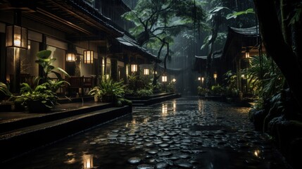 Obraz premium A rainy night in a traditional Asian courtyard, lit by lanterns and featuring a stone pathway.