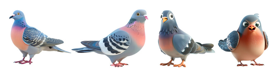 Fototapeta premium Charming cartoon pigeons in various poses with detailed feathers and expressive faces