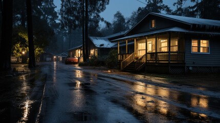 Fototapeta premium A red car parked in front of a house with a porch and lights on, on a wet road in the forest.