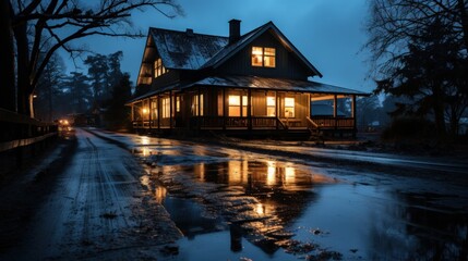 Fototapeta premium A rustic house with lit windows on a foggy evening by a dirt road with puddles reflecting the lights.