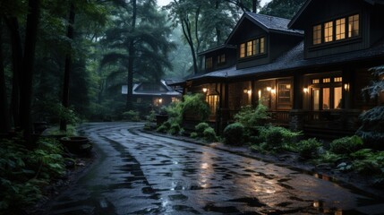 Fototapeta premium A rustic wooden house with lit windows sits on a winding path through a dense forest after rain.