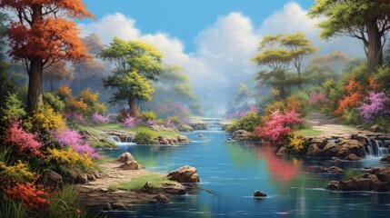 A serene river flows through a lush forest with colorful blooms, waterfalls, and a clear blue sky.