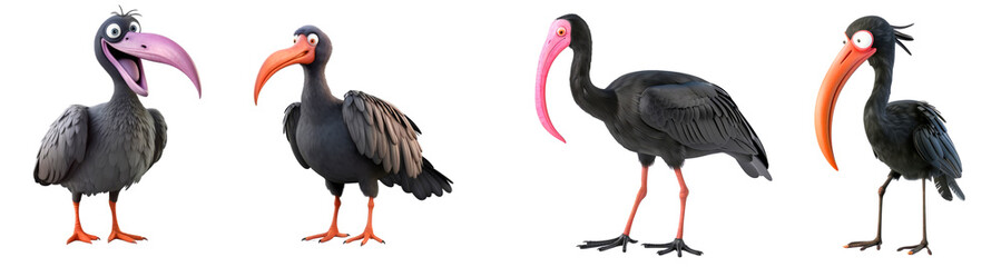 Obraz premium Cartoon ibis birds with large orange beaks, showcasing detailed feathers and humorous expressions