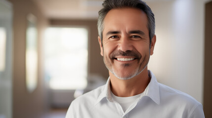 Obraz premium A man with salt and pepper hair smiles warmly in a bright office, creating an inviting atmosphere for conversation and collaboration, copy space