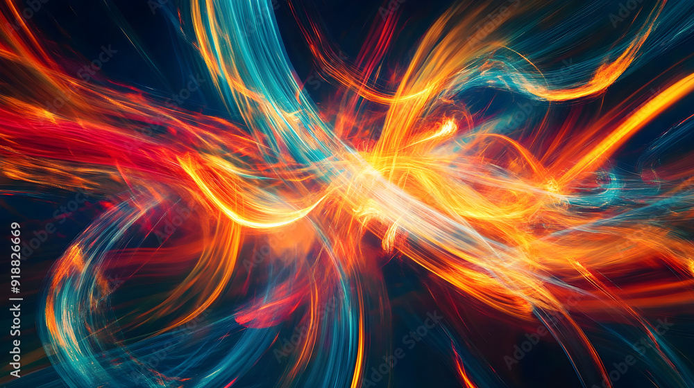 Poster streams of light trails forming abstract patterns, organic shapes, dynamic and vibrant