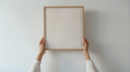 Cropped vertical view of woman hands hanging beige picture frame with copy space Female hold blank poster against white wall Art placard in room Concept of home decor : Generative AI