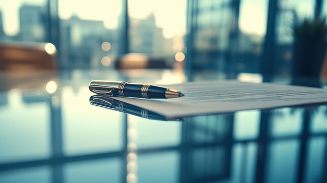 Close up of a pen and contract on a glass table.