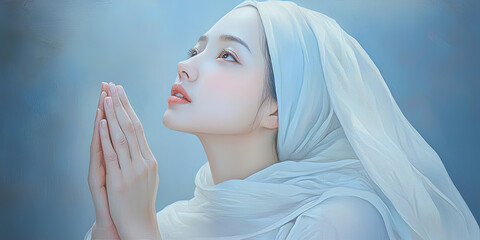 Fototapeta premium A beautiful young woman wearing a white headscarf and light blue dress, generative AI