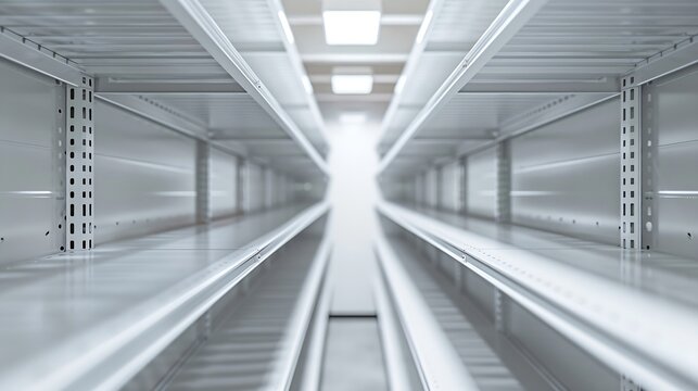Empty white metal shelves in storage room : Generative AI