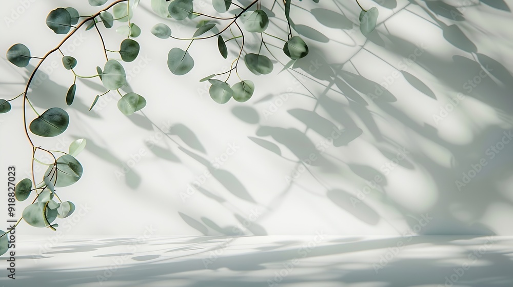 Poster Green eucalyptus branch with shadows on empty light grey background Backdrop for natural product presentation Eco beauty cosmetic advertising display mockup Minimal still life scene Fr : Generative AI