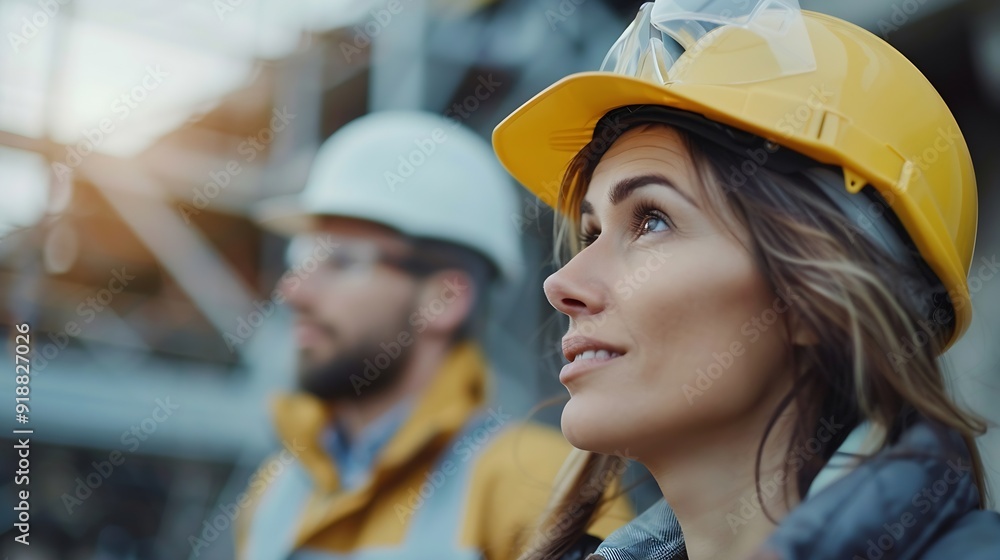 Poster Engineer and female foreman worker team checking project at precast factory site Engineer and builders in hardhats discussing on construction site : Generative AI