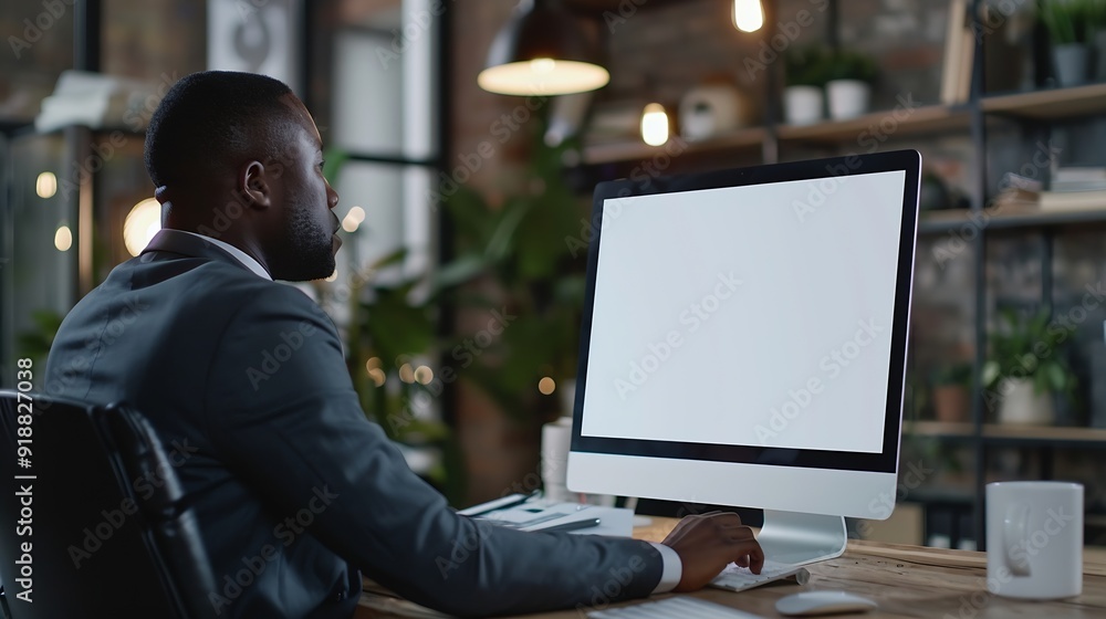 Aufkleber unrecognizable black businessman using computer with empty blank screen sitting at workplace in offi