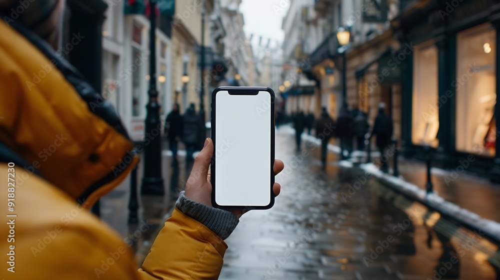 Poster man holding smartphone showing white blank screen at street : generative ai