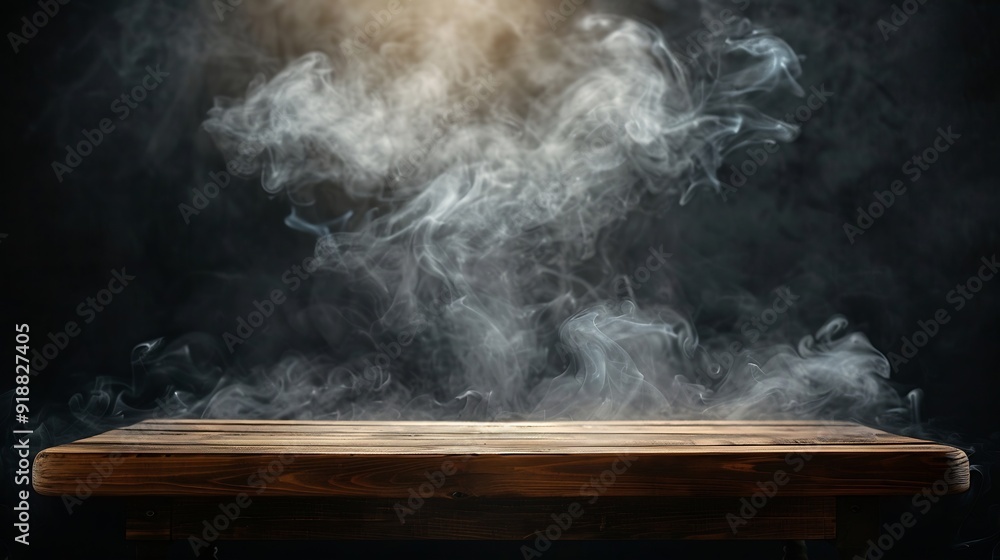 Poster On a black background an empty wooden table with smoke floats up Empty space for displaying your products with a smoke float up on a dark background Space available for displaying your : Generative AI