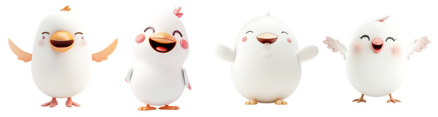 Fototapeta premium Cute cartoon white birds with rosy cheeks and joyful expressions, showing playful and happy poses