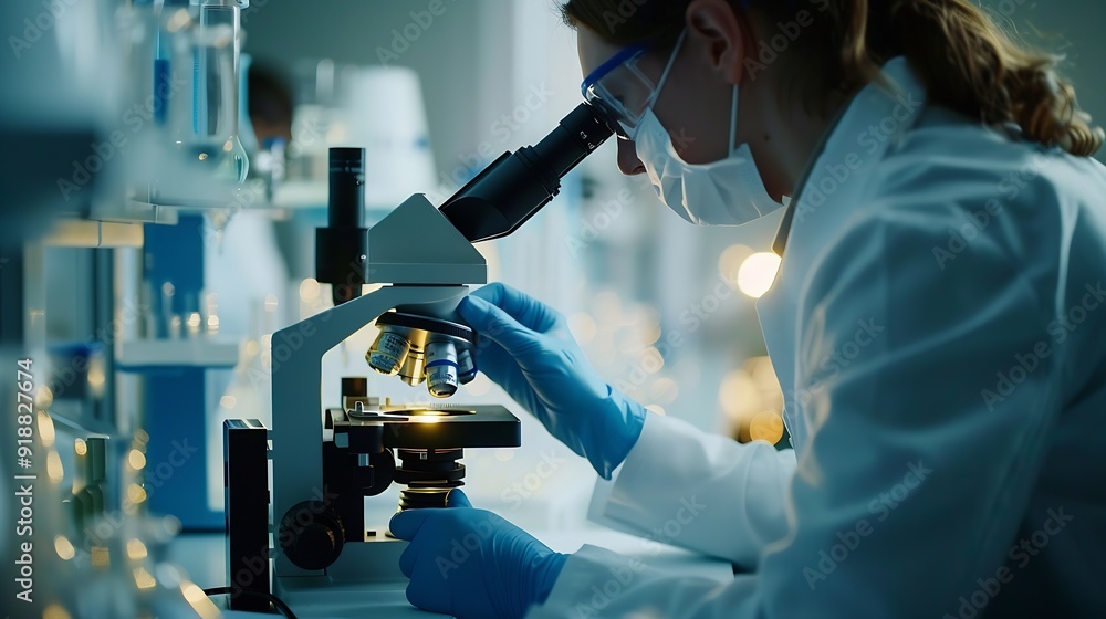 Poster scientist analyze biochemical samples in advanced scientific laboratory medical professional use mic