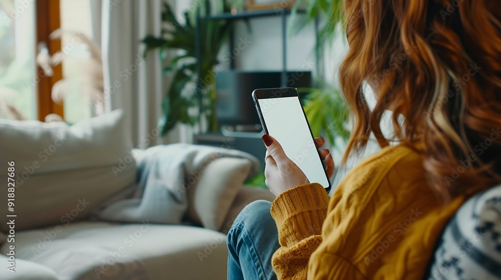 Aufkleber Mockup image of a woman holding and using mobile phone with blank desktop white screen at home : Generative AI