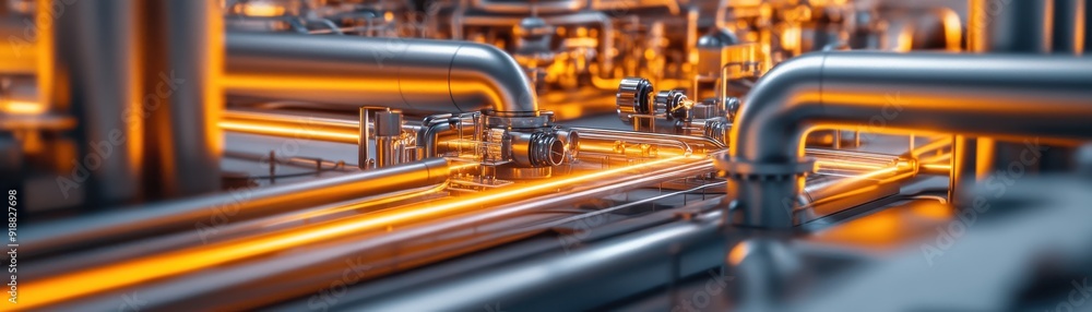 Poster industrial pipeline system with glowing lights, showcasing advanced technology and engineering in a 