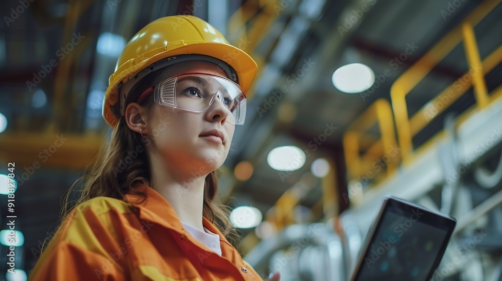 Poster female engineer with digital tablet at construction site factory foreman worker in hardhat at the pr