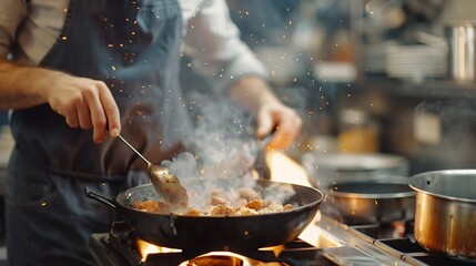Man in chef apron cooking on kitchen : Generative AI